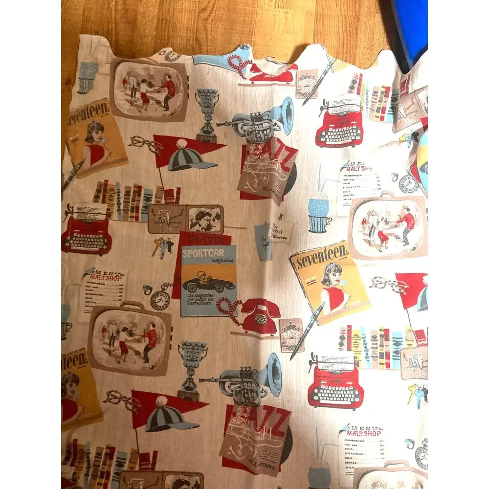 Curtains Vintage Print‎ 1950's Nostalgia Wooden Rings & Fasteners (4)Panels